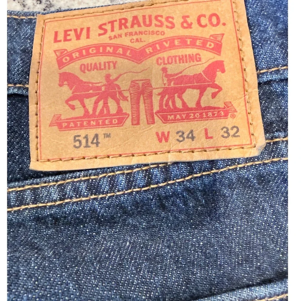 Levis 514 Straight Fit Jeans Mens W34 L32‎ Dark Wash Blue Denim Pants Distressed